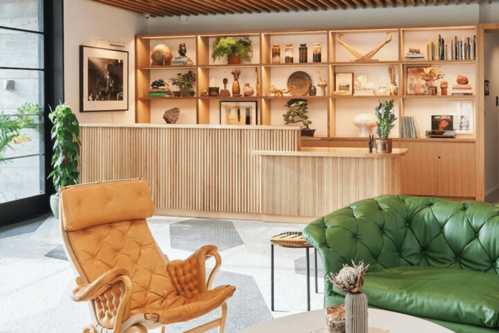 Hotel Magdalena in Texas lobby, with bottles and fine furniture.