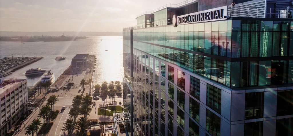 ISD glamour shot overlooking building logo and ocean