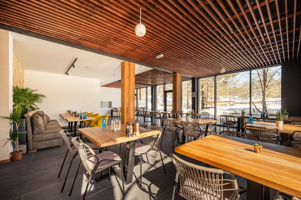 Maglian campus Serbia, wilderness shot from inside the cafeteria (rustic with wood tables)